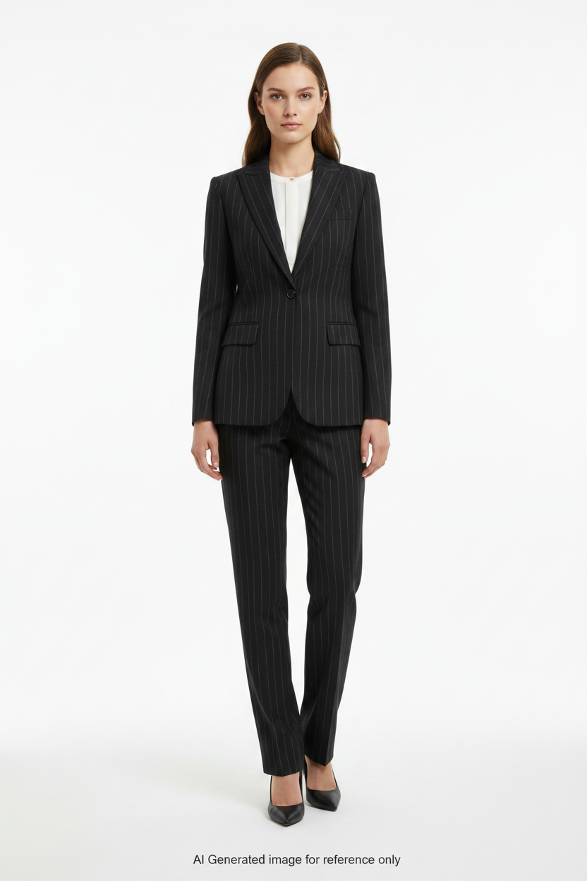 Jet Black with Grey Stripes Pinstripe Super 110's Wool – 280g | Bespoke Women's Suit & Separates