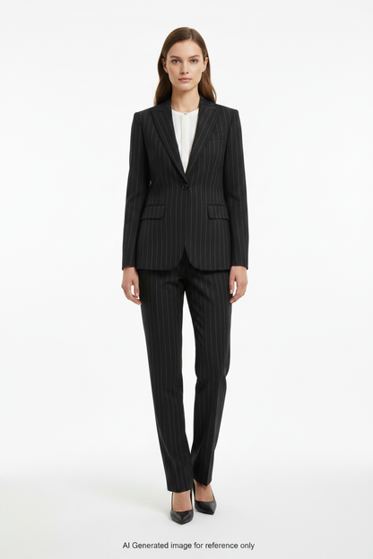 Jet Black with Grey Stripes Pinstripe Super 110's Wool – 280g | Bespoke Women's Suit & Separates