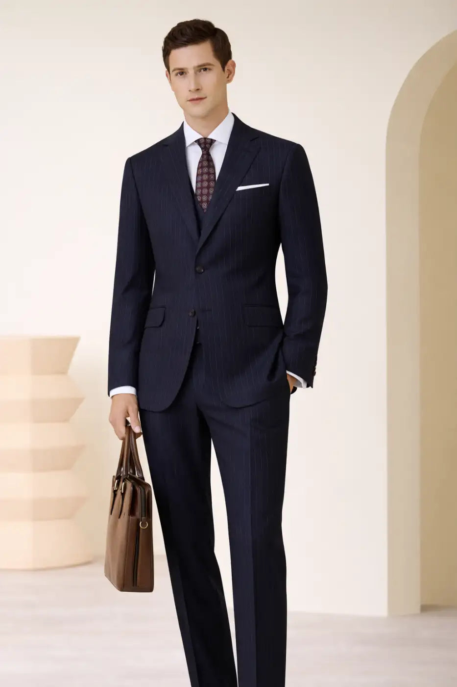 Classic Navy Pinstripe Super 110’s Wool Suit – 275g Timeless Tailoring