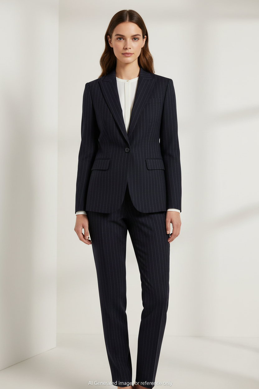 Navy Blue with White Stripes Pinstripe Super 110's Wool – 275g | Bespoke Women's Suit & Separates