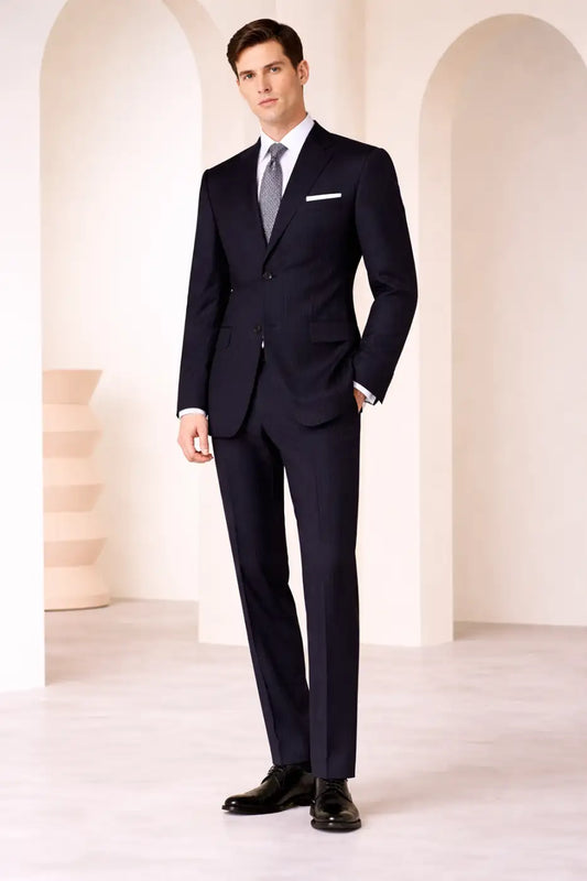 Dark Navy Pinstripe Super 110’s Wool Suit – 275g Precision Tailoring