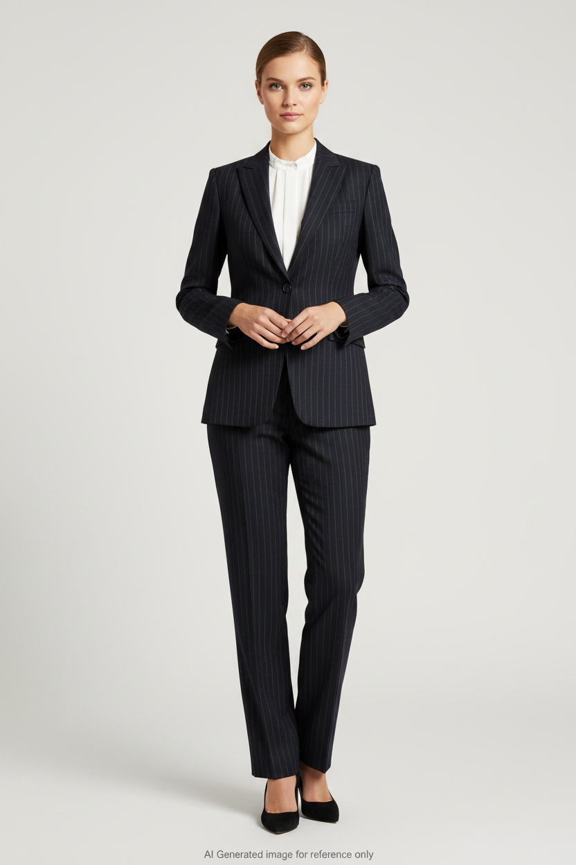 Dark Navy with White Stripes Pinstripe Super 110's Wool – 275g | Bespoke Women's Suit & Separates