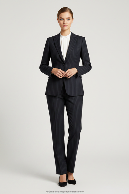 Dark Navy with White Stripes Pinstripe Super 110's Wool – 275g | Bespoke Women's Suit & Separates