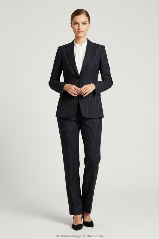 Dark Navy with White Stripes Pinstripe Super 110's Wool – 275g | Bespoke Women's Suit & Separates