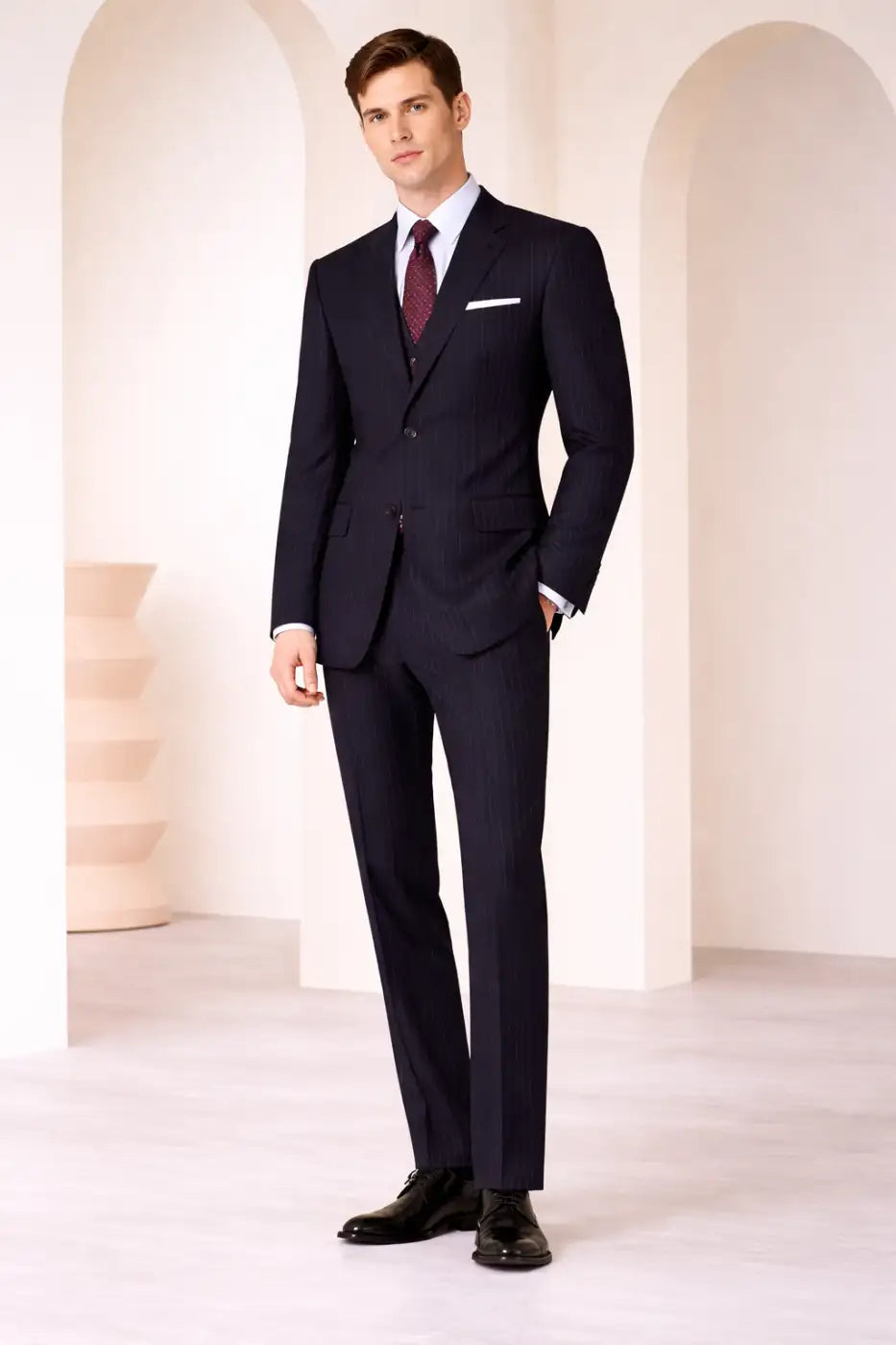 Deep Navy Pinstripe Super 110’s Wool Suit – 275g Executive Tailoring
