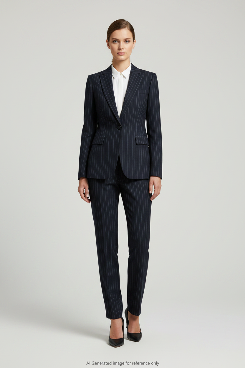 Deep Navy with White Stripes Pinstripe Super 110's Wool – 275g | Bespoke Women's Suit & Separates