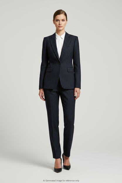 Deep Navy with White Stripes Pinstripe Super 110's Wool – 275g | Bespoke Women's Suit & Separates