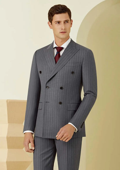 Refined Grey Pinstripe Super 110’s Double Breasted Wool Suit – 275g Modern Tailoring