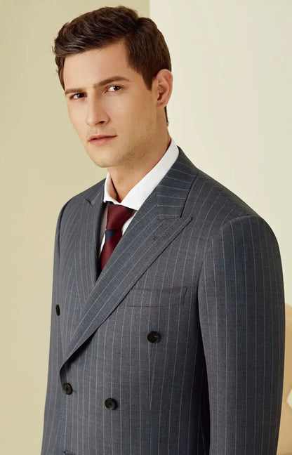 Refined Grey Pinstripe Super 110’s Double Breasted Wool Suit – 275g Modern Tailoring