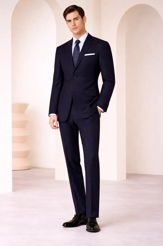 Classic Navy Pinstripe Super 110’s Wool Suit – 275g Refined Tailoring