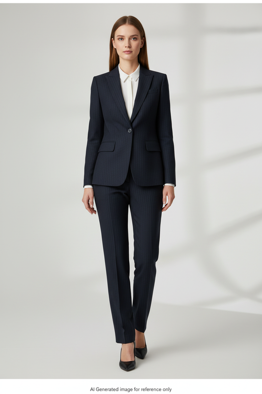 Dark Navy Pinstripe with Herringbone Texture Super 110's Wool – 270g | Bespoke Women's Suit & Separates