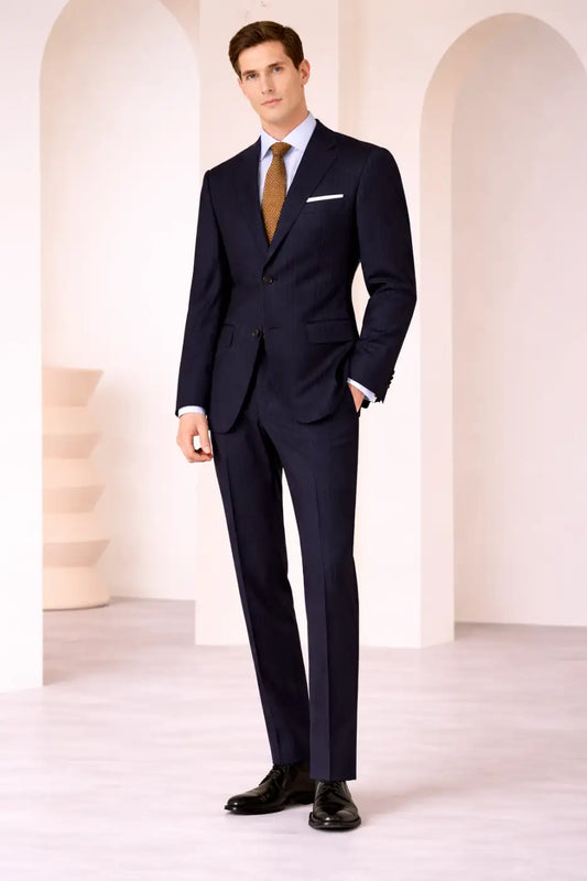 Dark Navy Herringbone Pinstripe Super 110’s Wool Suit – 270g Refined Tailoring