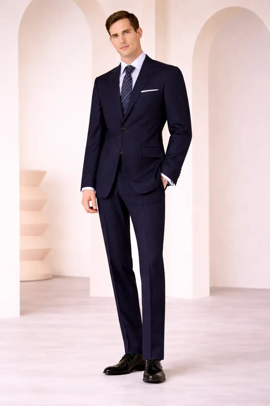 Dark Navy Pinstripe Super 120’s Wool Suit – 270g Premium Tailoring