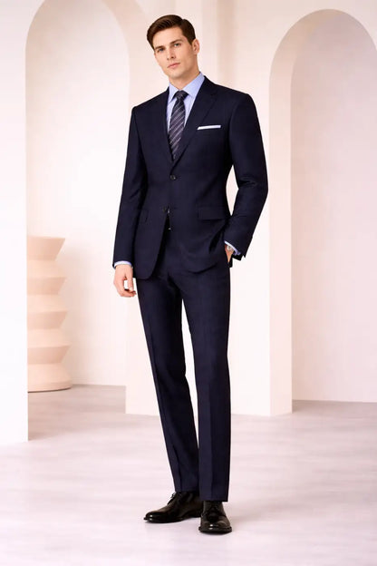 Dark Navy Textured Pinstripe Super 120’s Wool Suit – 270g Luxury Tailoring