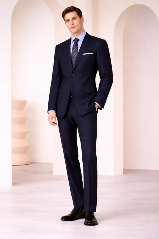 Dark Navy Textured Pinstripe Super 120’s Wool Suit – 270g Luxury Tailoring