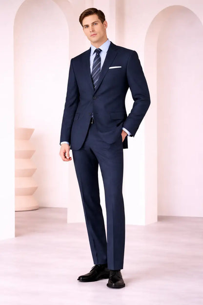Classic Navy Textured Super 110’s Wool Suit – 275g Refined Tailoring
