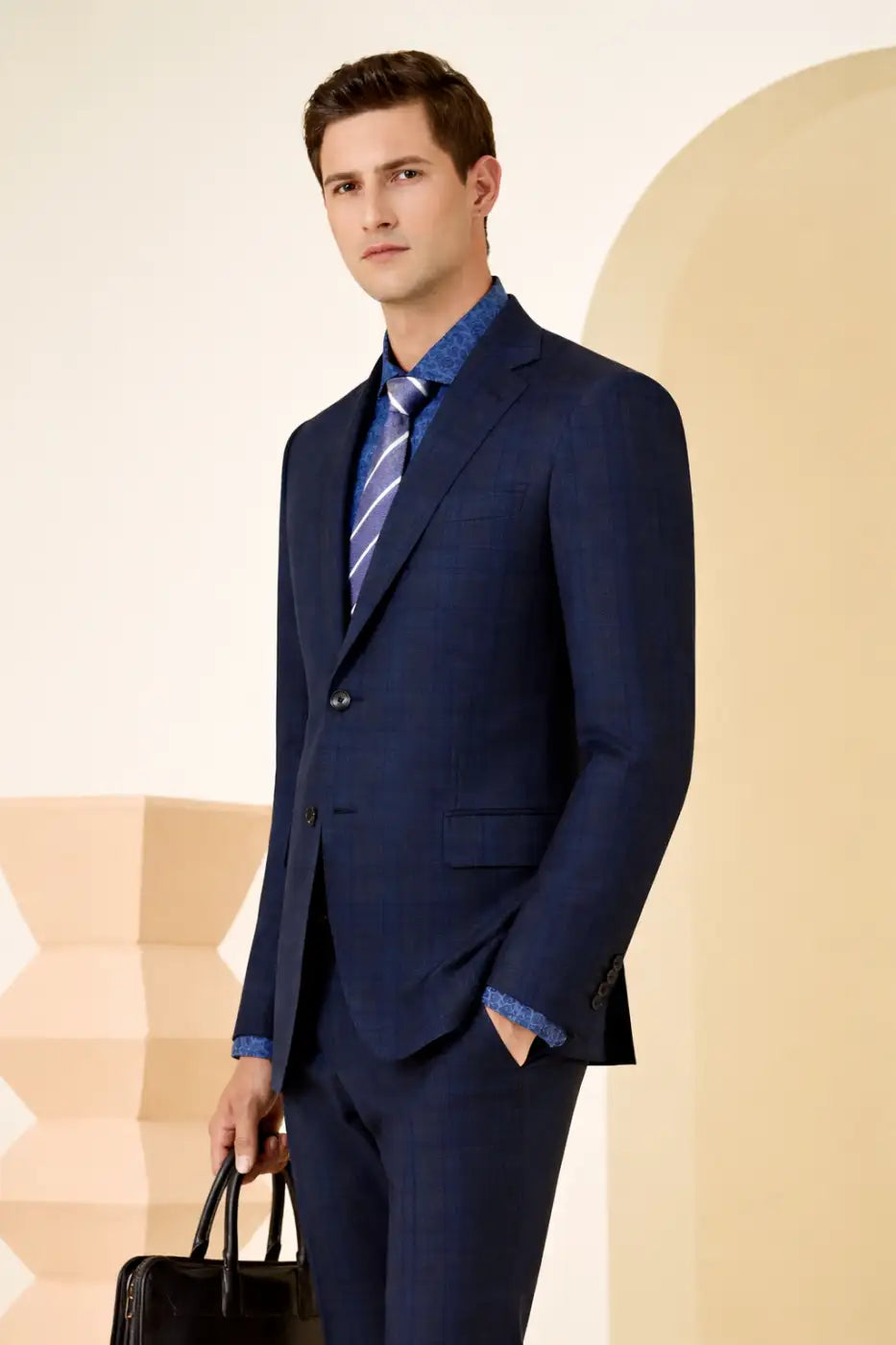 Navy Windowpane Super 110’s Wool Suit – 275g Modern Tailoring