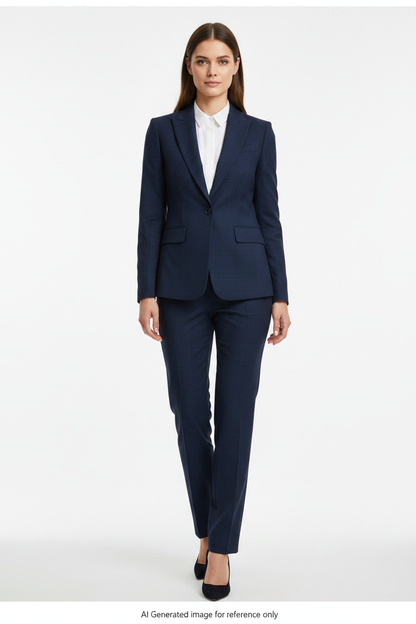 Navy Blue Windowpane Check Super 110's Wool – 275g | Bespoke Women's Suit & Separates