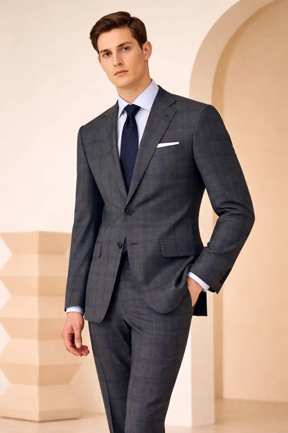 Grey Blue Windowpane Super 110’s Wool Suit – 280g Modern Tailoring