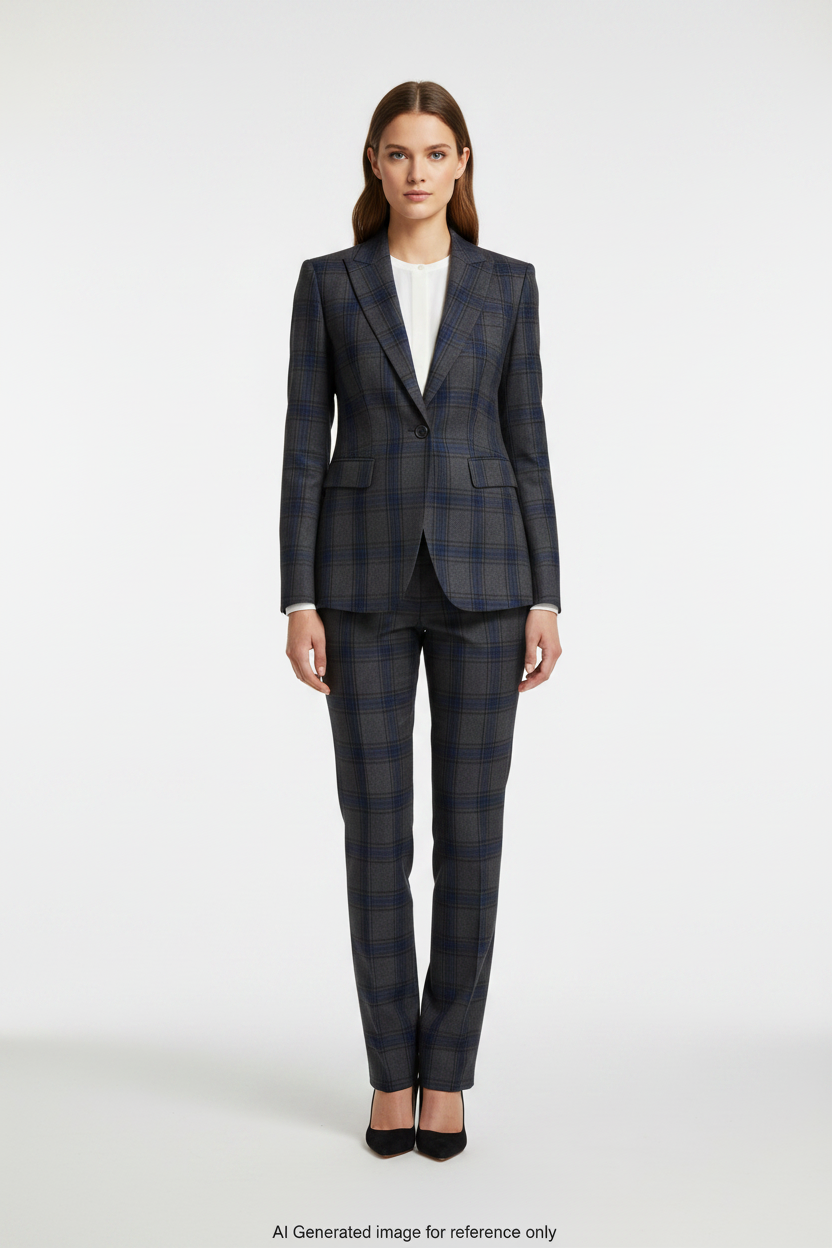 Grey with Blue Checks Windowpane Check Super 110's Wool – 280g | Bespoke Women's Suit & Separates