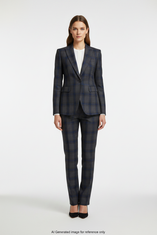 Grey with Blue Checks Windowpane Check Super 110's Wool – 280g | Bespoke Women's Suit & Separates