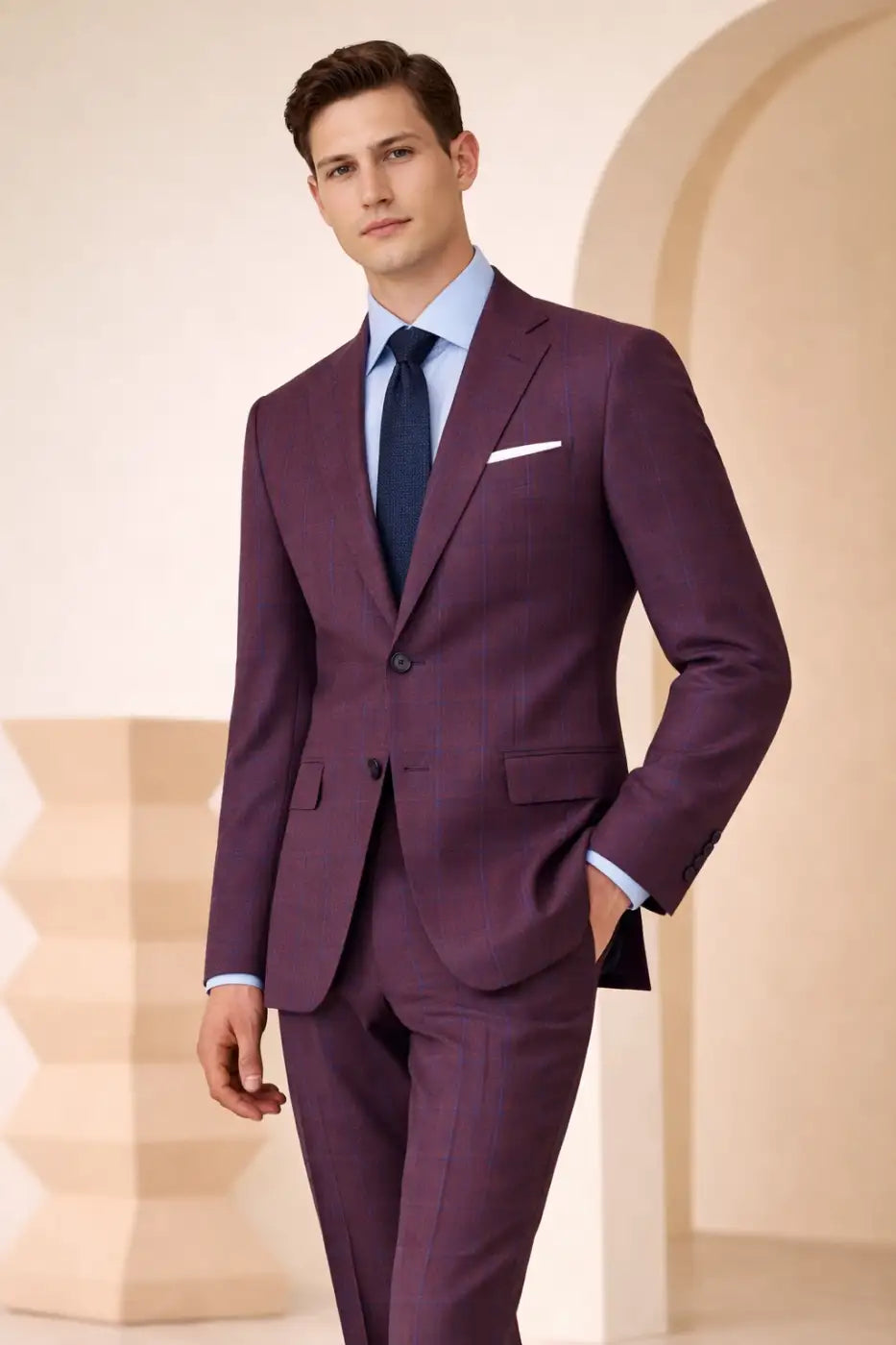 Purplish Red Windowpane Super 110’s Wool Suit – 280g Statement Tailoring