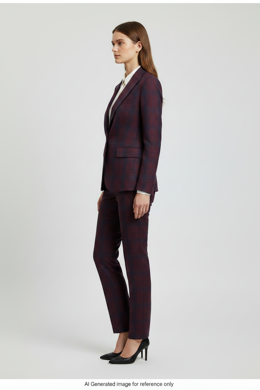 Purplish Red Windowpane Check Super 110's Wool – 280g | Bespoke Women's Suit & Separates
