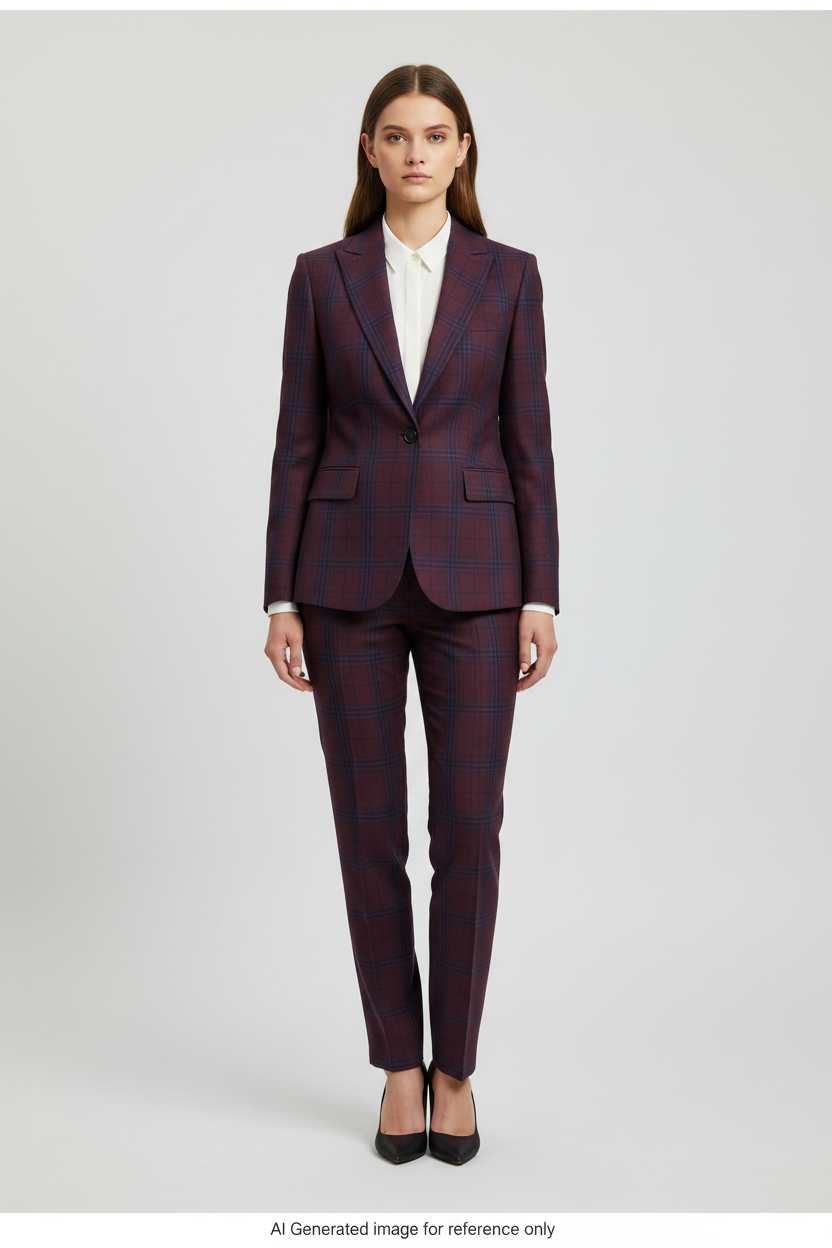 Purplish Red Windowpane Check Super 110's Wool – 280g | Bespoke Women's Suit & Separates