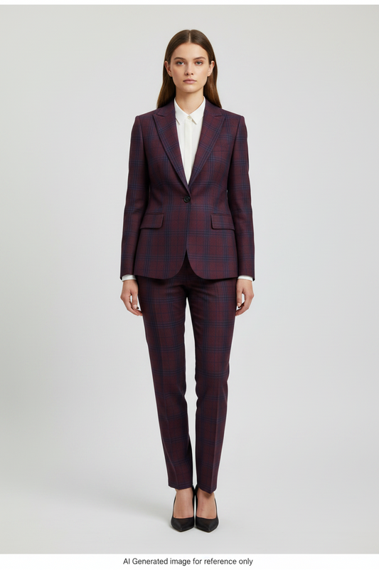 Purplish Red Windowpane Check Super 110's Wool – 280g | Bespoke Women's Suit & Separates