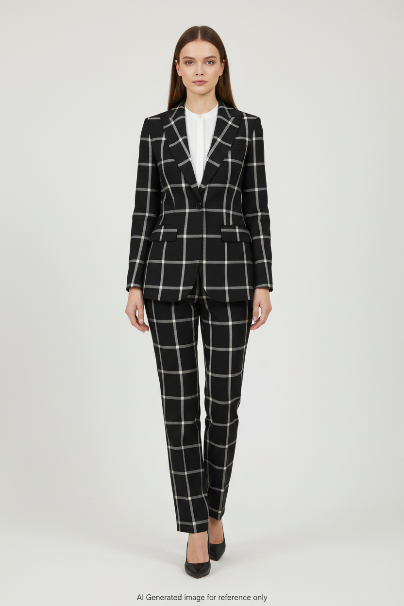 Black with White Checks Bold Windowpane Super 110's Wool – 280g | Bespoke Women's Suit & Separates