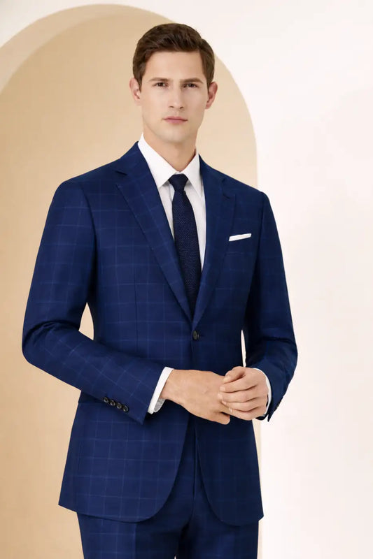 Blue Statement Windowpane Super 110’s Wool Suit – 280g Modern Tailoring
