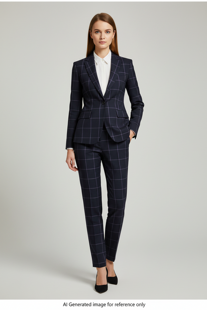 Dark Navy with Purple Checks Windowpane Check Super 110's Wool – 280g | Bespoke Women's Suit & Separates