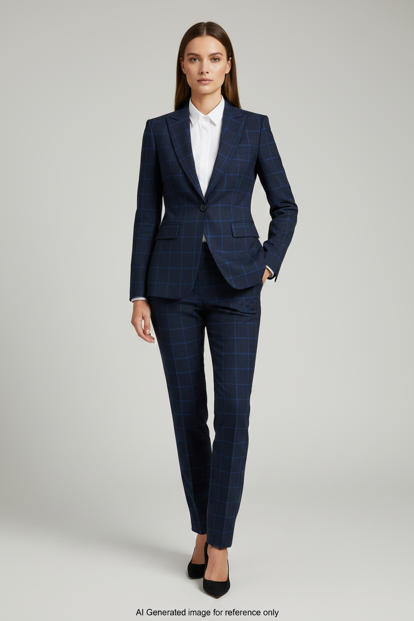 Dark Navy with Purple Checks Windowpane Check Super 110's Wool – 280g | Bespoke Women's Suit & Separates