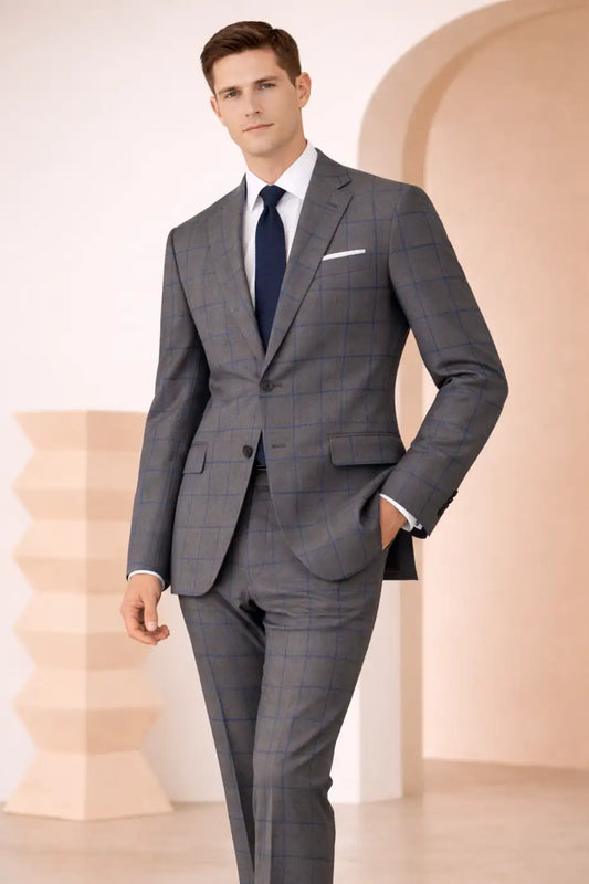 Grey Blue Windowpane Super 110’s Wool Suit – 280g Contemporary Tailoring
