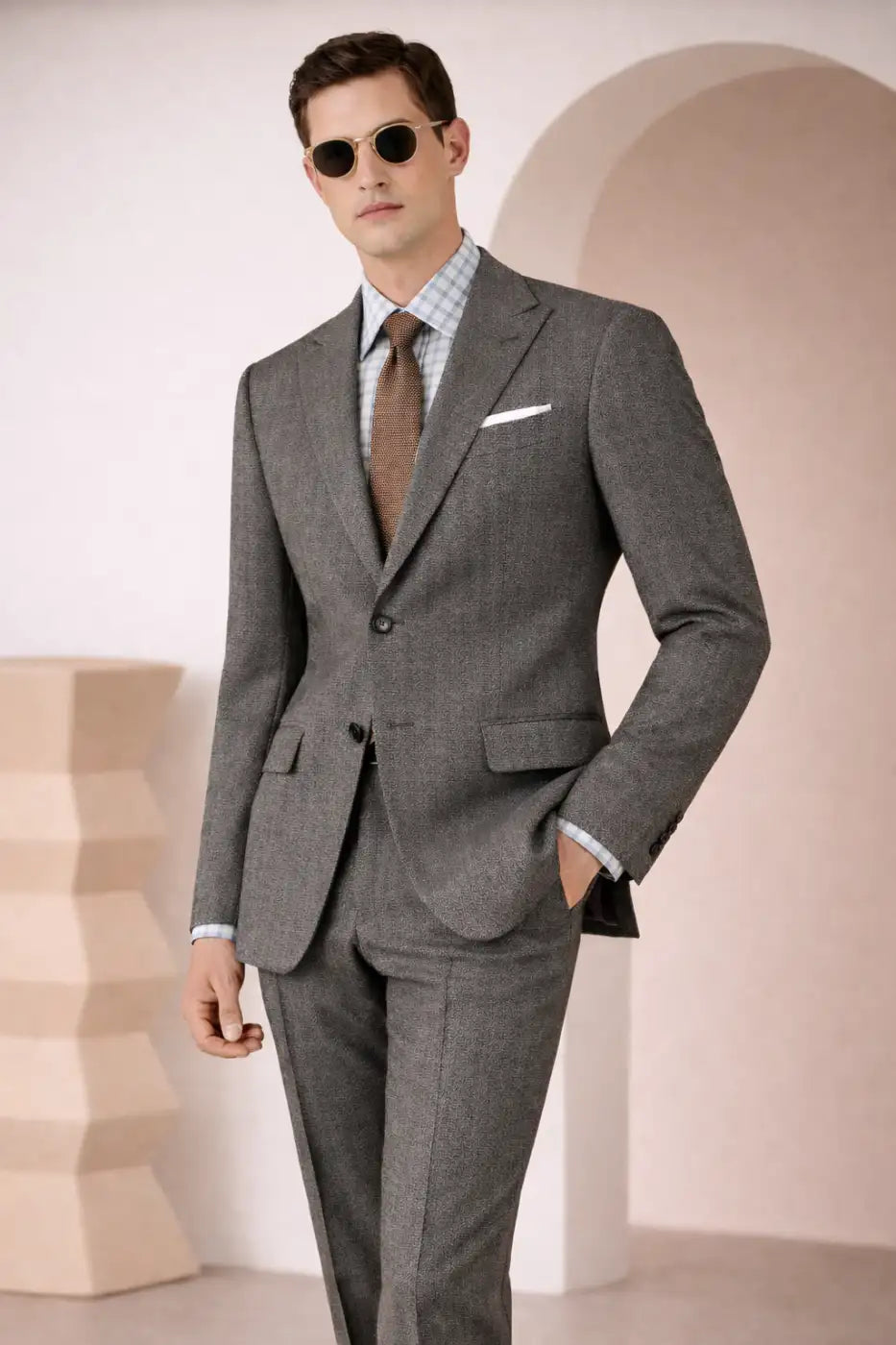 Refined Grey Micro Herringbone Super 110’s Wool Suit – 340g Premium Tailoring