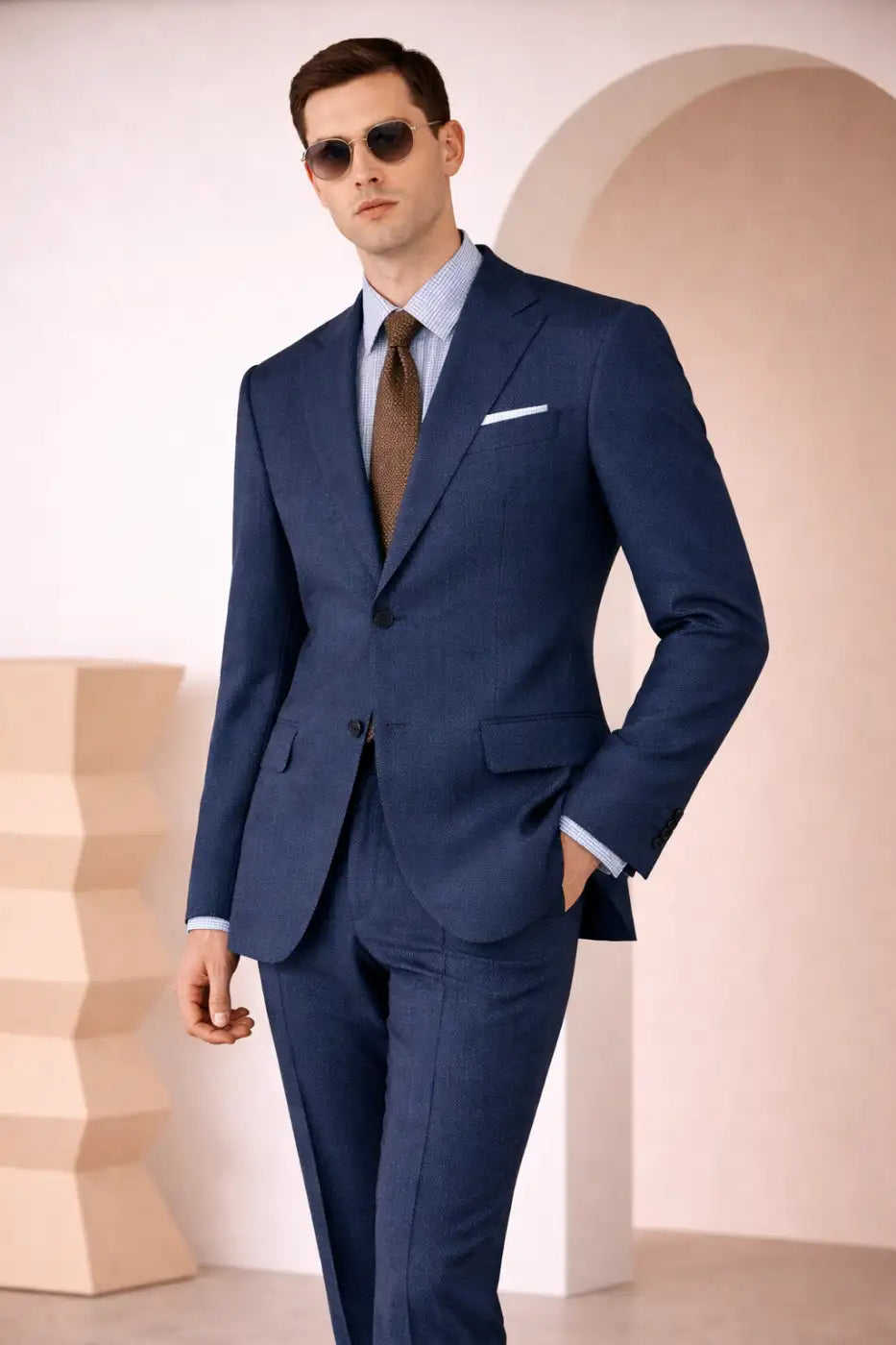 Blue Micro Herringbone Super 110’s Wool Suit – 340g Premium Tailoring