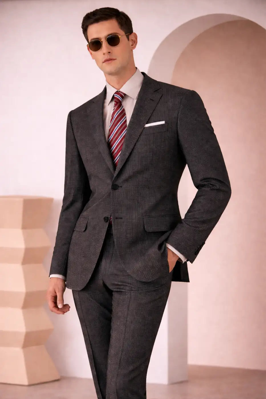 Grey Micro Houndstooth Super 110’s Wool Suit – 340g Premium Tailoring