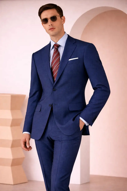 Blue Micro Houndstooth Super 110’s Wool Suit – 340g Premium Tailoring