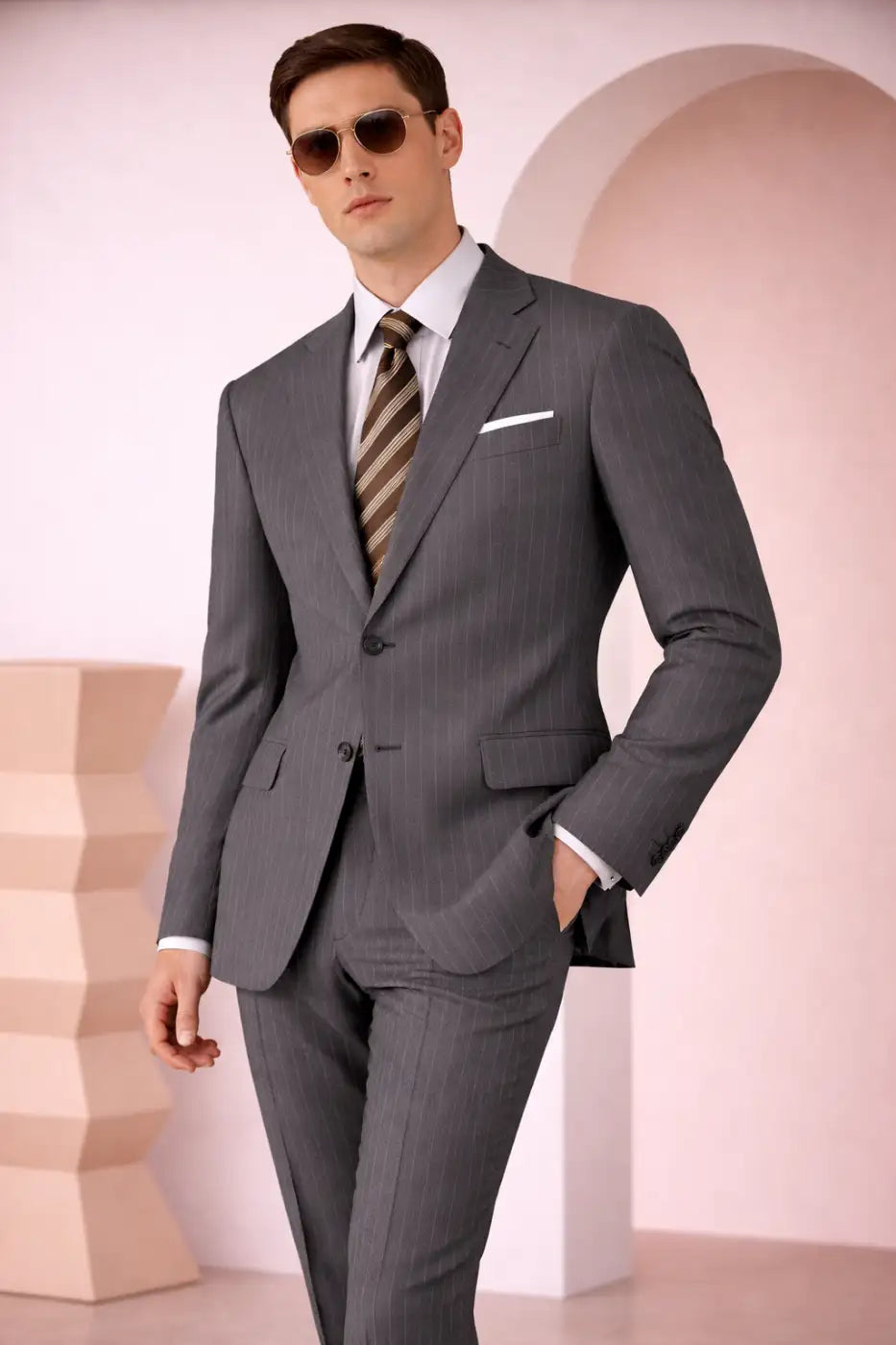 Mid Grey Fine Pinstripe Super 110’s Wool Suit – 340g Premium Tailoring