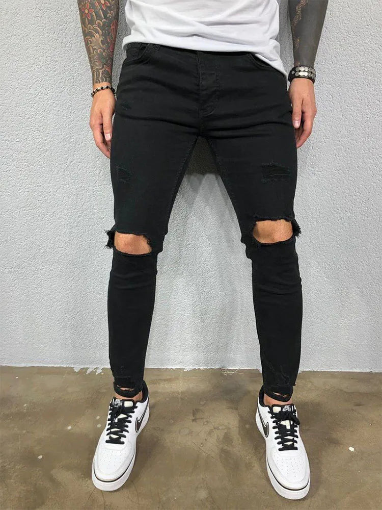 Men's Knee Hole Ripped Stretch Skinny Jeans: Black & Blue Denim, Slim Fit, Hip-Hop Style, S-4XL, Autumn & Summer Casual Trousers - Collection 2 - 9 Colors/Styles