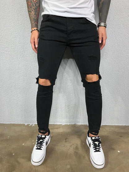 Men's Knee Hole Ripped Stretch Skinny Jeans: Black & Blue Denim, Slim Fit, Hip-Hop Style, S-4XL, Autumn & Summer Casual Trousers - Collection 1 - 10 Colors/Styles