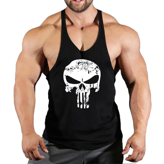 Men's Skull Print Bodybuilding Tank Tops: Cotton Gym Stringer Muscle Workout Vests - Sleeveless Fitness Undershirts, Collection 3, Available in 10 Colors