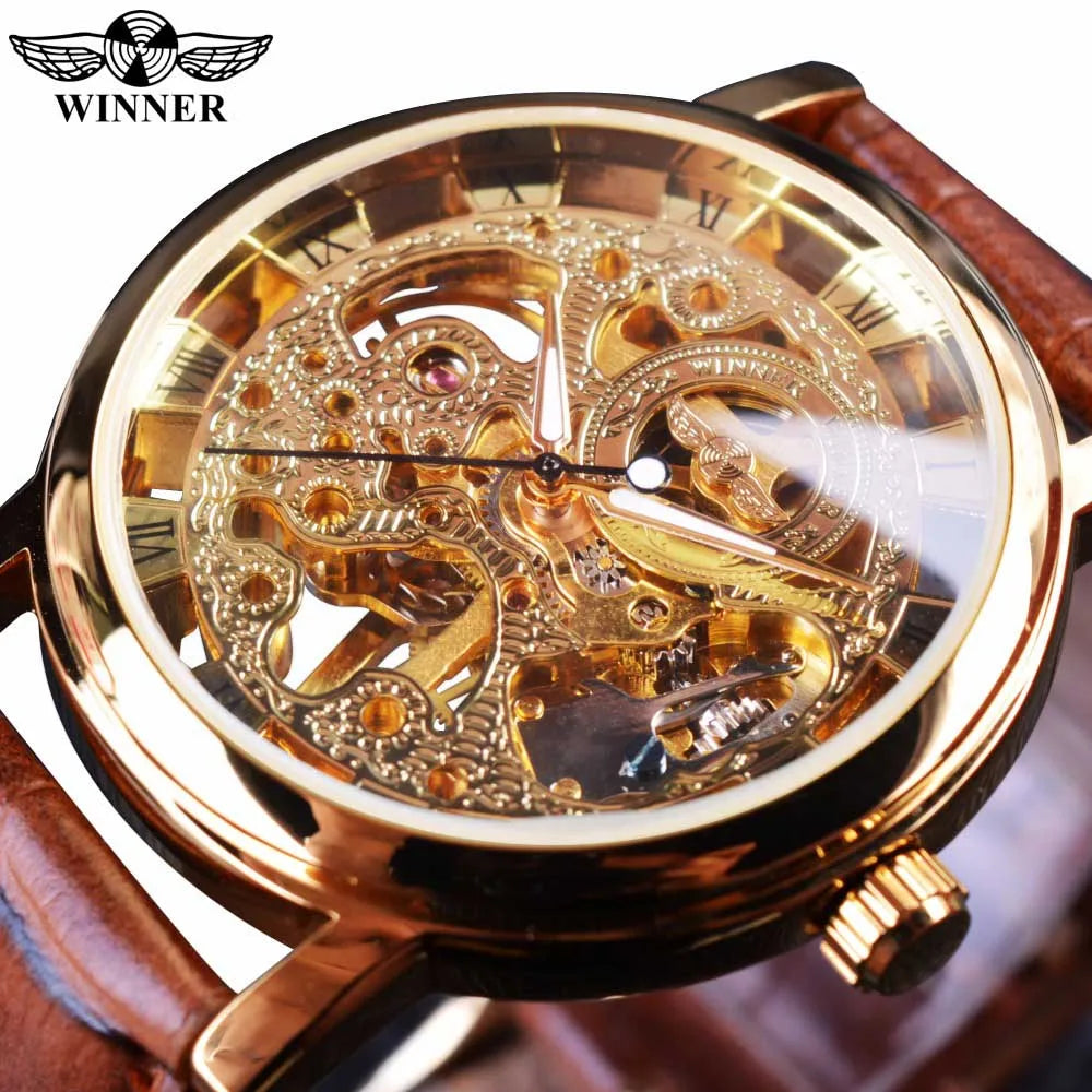 Winner Transparent Fashion Case Luxury Casual Design Leather Strap Mens Watches Top Brand Luxury Mechanical Skeleton Watch