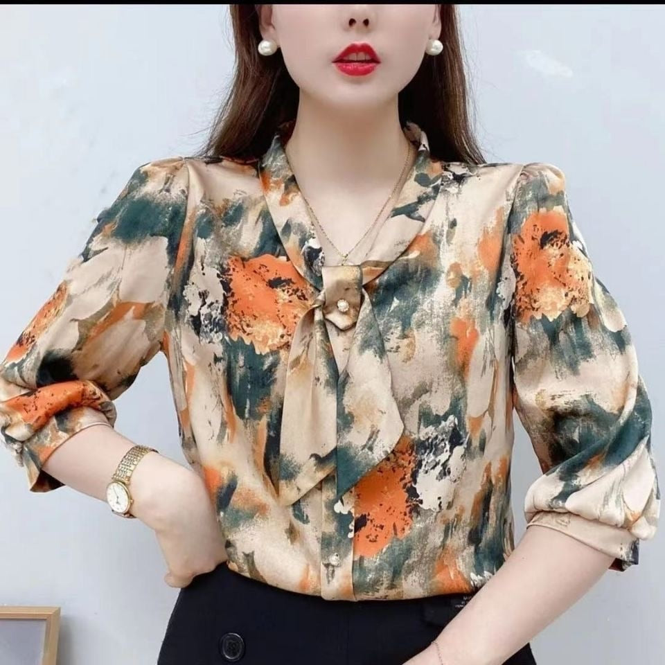 Women's Casual Half Sleeve Bow Tie Collar Printed Chiffon Blouses (2 Colors)