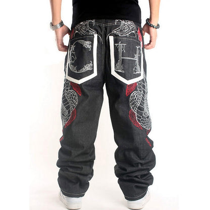 Men's Baggy Fashion Embroidery Black Loose Wide Legs Board Denim Pants - Collection 2 (8 Styles)