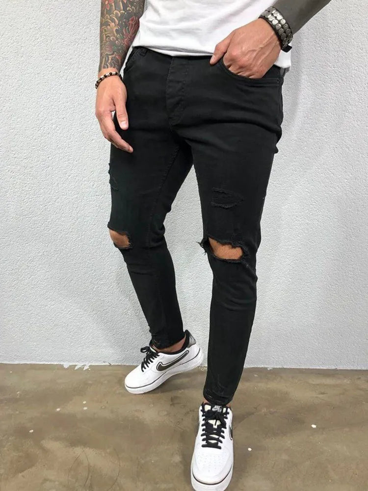 Men's Knee Hole Ripped Stretch Skinny Jeans: Black & Blue Denim, Slim Fit, Hip-Hop Style, S-4XL, Autumn & Summer Casual Trousers - Collection 2 - 9 Colors/Styles