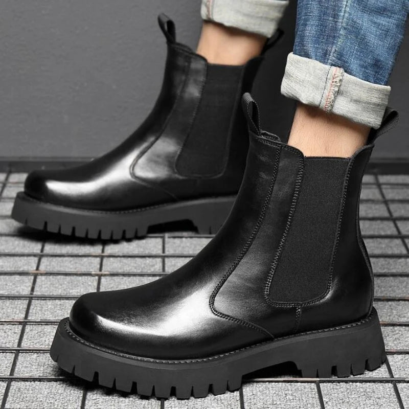 Winter Men Chelsea Rubber Boot Invisible Heel Men Lifted Boots Men Leather Platform Boots Height Increasing