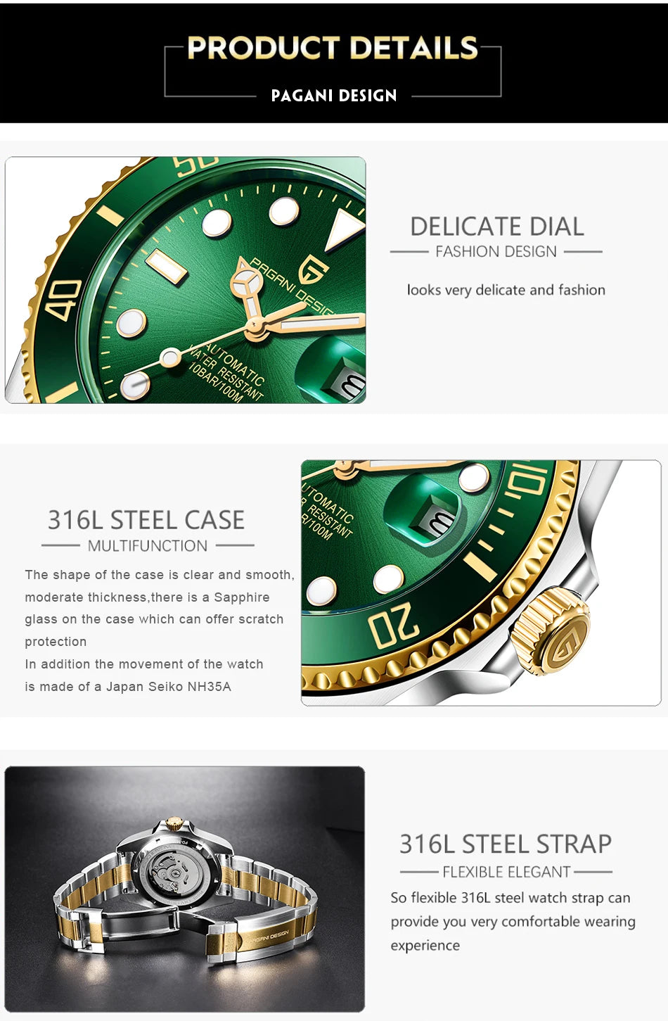 PAGANI DESIGN New Men Mechanical Wristwatch Luxury Ceramic Bezel Automatic Watches 300m waterproof Sapphire Glass Watch for Men