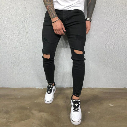 Men's Knee Hole Ripped Stretch Skinny Jeans: Black & Blue Denim, Slim Fit, Hip-Hop Style, S-4XL, Autumn & Summer Casual Trousers - Collection 2 - 9 Colors/Styles