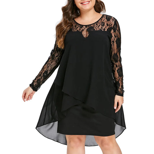 Women's Plus Size Sheer Lace Dress: Long Sleeve High Low Hem Swing Dress with O-Neck - Casual Elegant Party Vestido, Available in 3 Colors